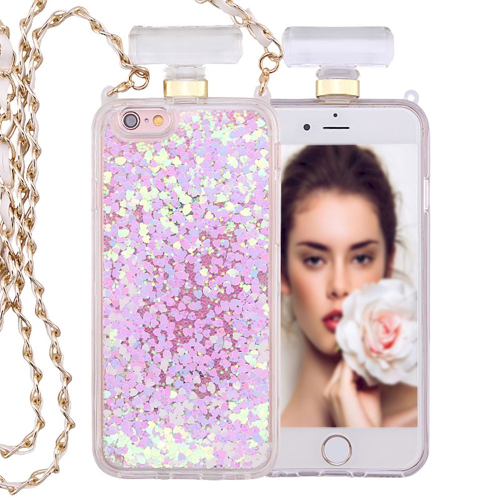 iPhone SE 2022 / 2020 / 8 / 7 PERFUME Bottle Glitter Shake Star Dust Necklace Case (White)